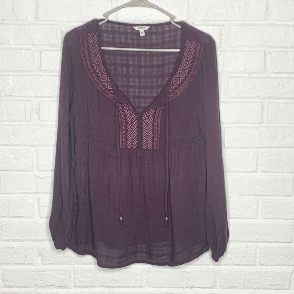 Sonoma Maroon Purple Peasant Long Sleeve Top Blouse size PS Petite Small